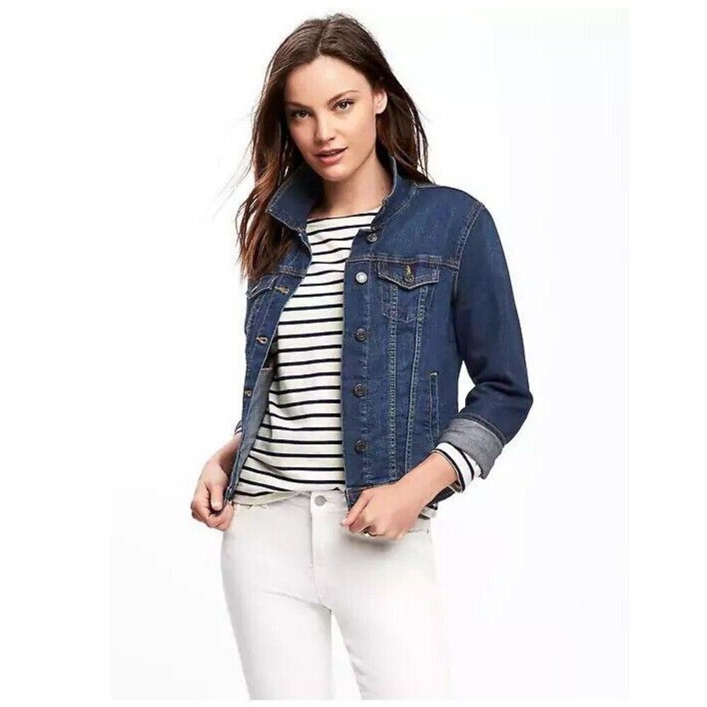 Old Navy Women’s S stretch denim jean trucker jacket coat button close dark wash